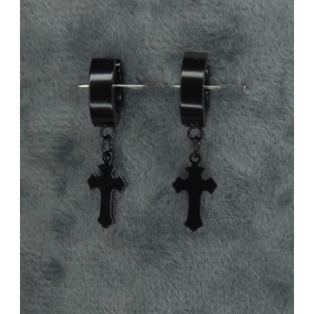 Kis karika fülbevaló liliomvégű kereszttel (fekete, ezüst)
